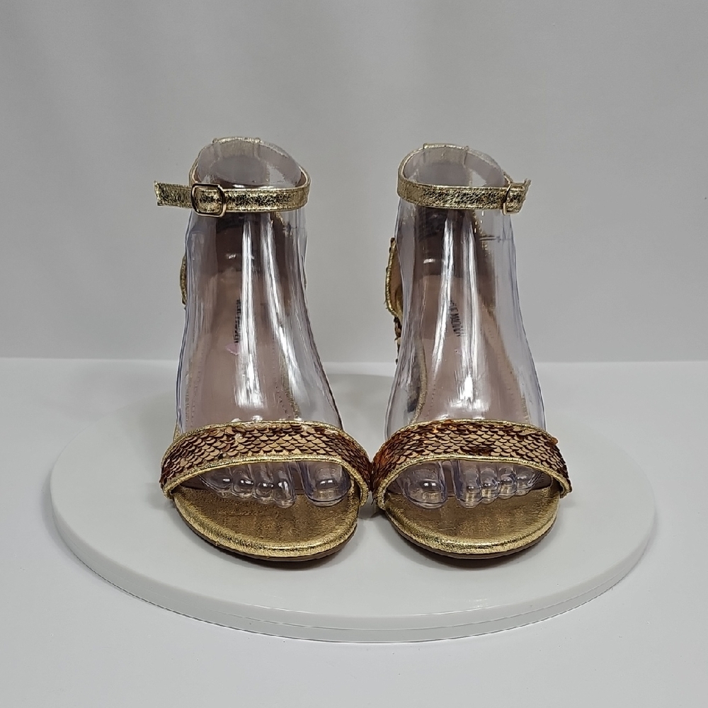 Steve Madden Carrson Sequin Block Heel Sandals 6 Gold Ankle Strap Formal Dress - Picture 4 of 14